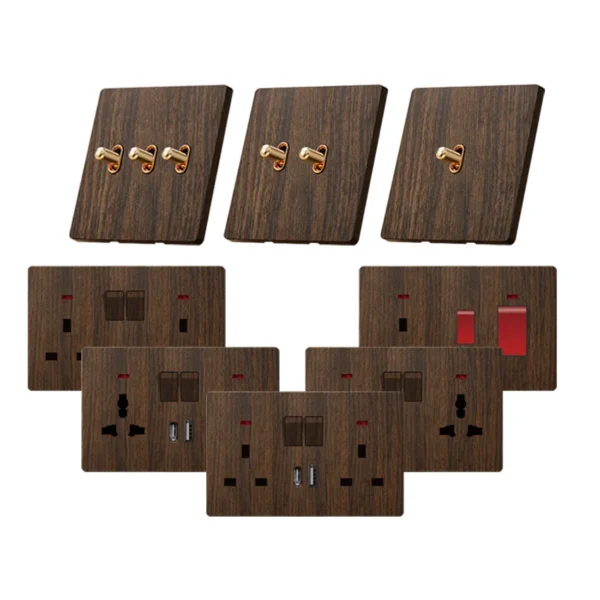 retrô Toggle Lever Wall Switch Faux Walnut Wood Grain Panel PC 86 Gang Multi Gang 1/2/3/4 Gang Universal tomada de parede