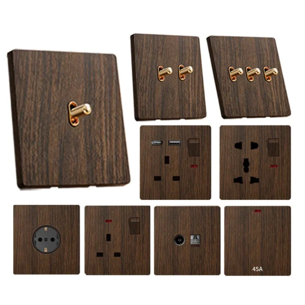 vintage Imitation Walnut Wood Grain Panel Classic Toggle Lever Operation 13A Universal tomada com Switch USB A+C