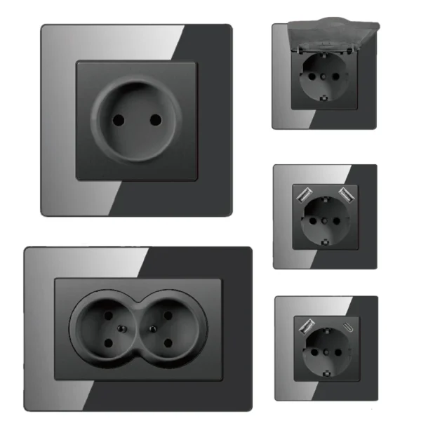 European Standard French Electrical Wall Sockets Single Pole à prova d'água Colorful Acrylic Panel USB Type C portas 220V 16A