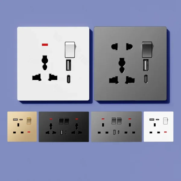 Kamanni L8-39 Grey Universal UK 13A Electric Wall Switch 2 USB 2 Type-C portas 4 Outlets IP20 para Fan dimerização lâmpada Control