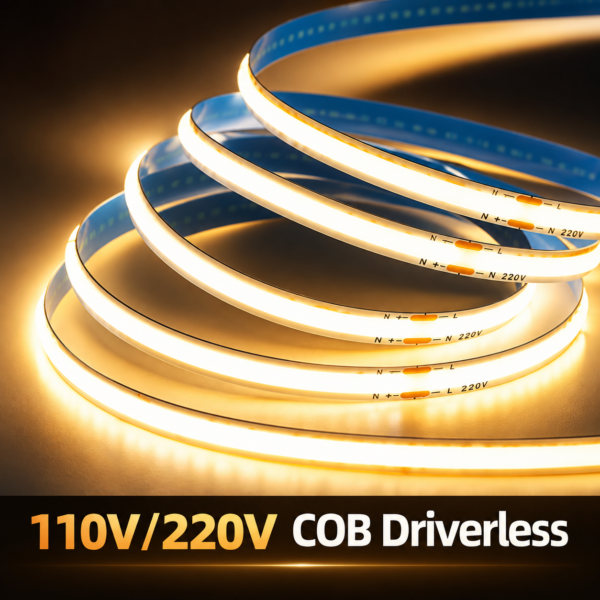 110V 220V 230V Driverless COB fita LED High Voltage Cuttable FCOB flexível fita LED para área interna iluminação comercial