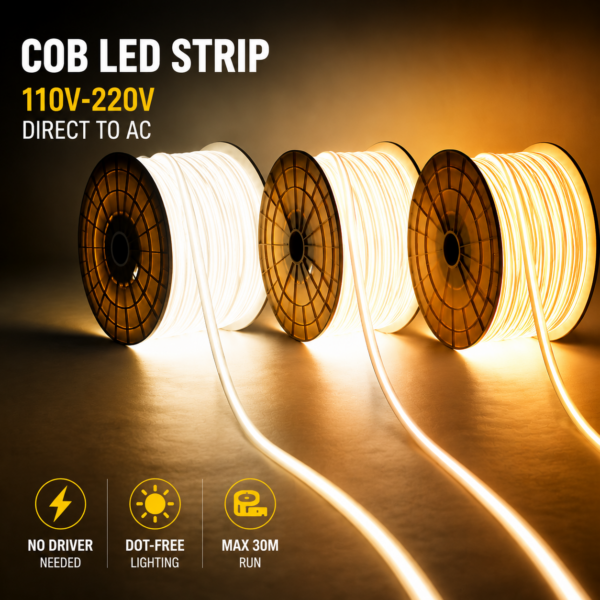 Cob Led luminária Strip Dot Free 110v Driverless Led Strip IP65 à prova d'água 100m Roll PVC 220v Customizable Led Strip Tiras De Led