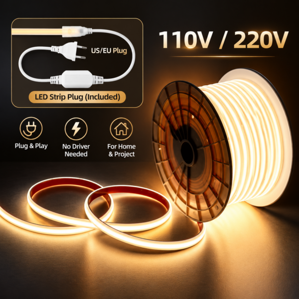 110V 220V COB fita LED com Plug IP65 à prova d'água Dot Free PVC flexível fita LED 100m Roll iluminação externa