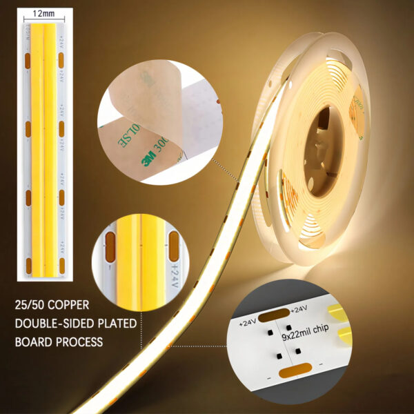 24V High CRI COB fita LED CRI90+ Dotless flexível fita LED luminária para Cabinet linear Architectural iluminação