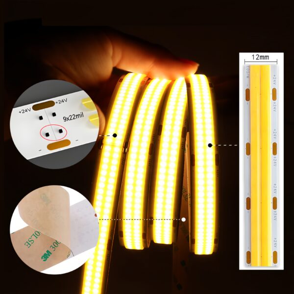 CRI >90 Led 24W/M flexível Tape luminárias CE RoHS Cuttable Cob luminária em fita DC 24V 12MM 3000K 4000K 6000K Led Cob Strips luminária