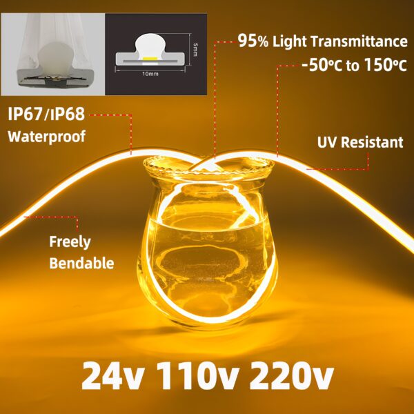 High Transmittance 110V 220V 24V externo IP68 à prova d'água FCOB 240leds/m Silicone fita LED 30m No Voltage Drop