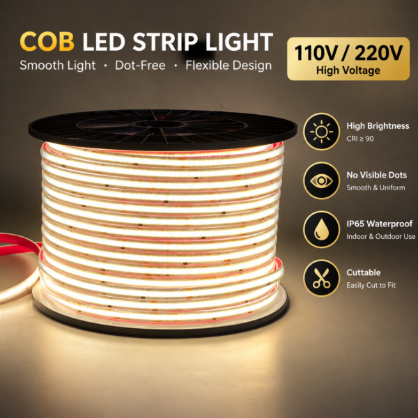 220v 110v LED 100m Roll flexível Cob Led IP65 à prova d'água Dot Free 3000k 4000k 6000k Drive-Free Cob fita LED externo