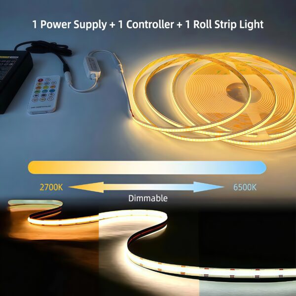 24V COB fita LED Kit CCT Tunable dimerizável 2700K-6500K Cuttable fita LED luminária Kit com Remote Controller & Power Supply