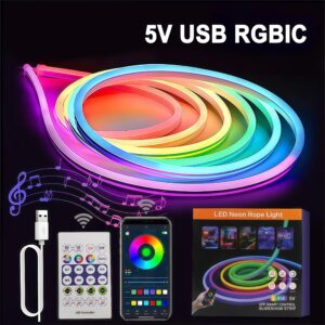 LED RGBIC Neon 3m/Roll 5m/Roll flexível Tape luminária USB App/controle remoto Sync com Music Cuttable instalação fácil