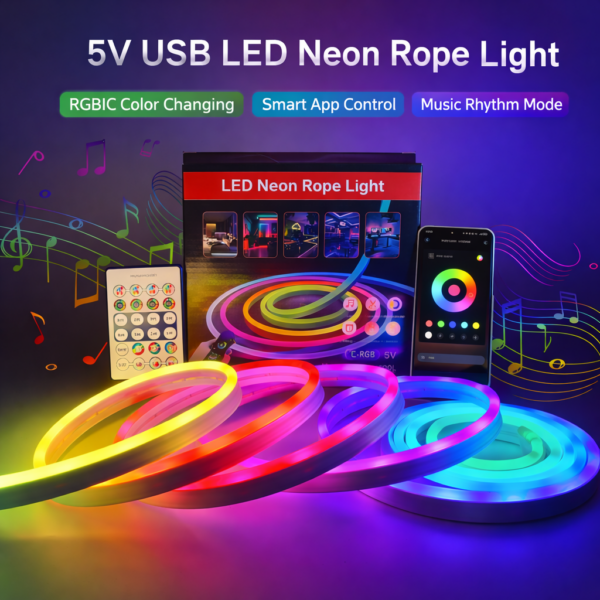 USB 5V LED Neon LED Strip luminárias mangueira neon Remote/App Control Music Sync RGBIC Dreamcolor Chasing Strip para DIY Decor