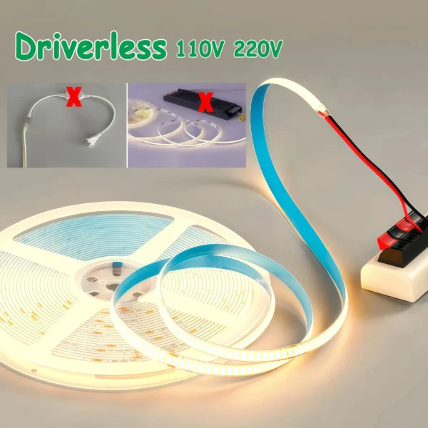 Led Strip 230v 220v 110V Driverless Cob Led Strips 100m flexível fita LED Dot Free 296led Cob Led luminária Strip 220v