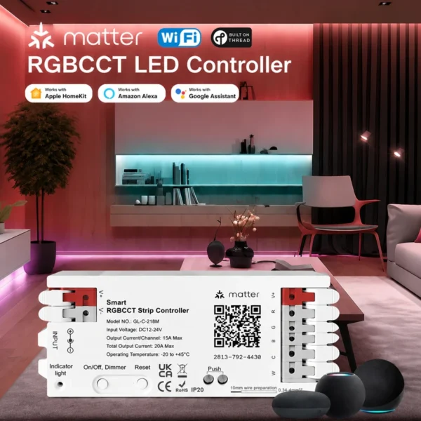Matter Thread 5 in 1 LED RGBCW Controller 20A inteligente Home RGBCCT com Voice Control Compatible Apple/Alexa/Google LED Home hotel