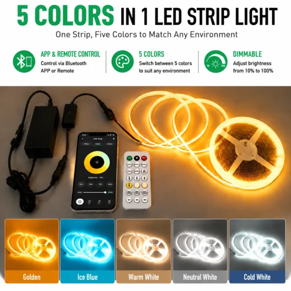 fita LED Kit com LED Power Supply e Controller 5-in-1 cor Changing RGB Tunable White LED Strips para iluminação residencial