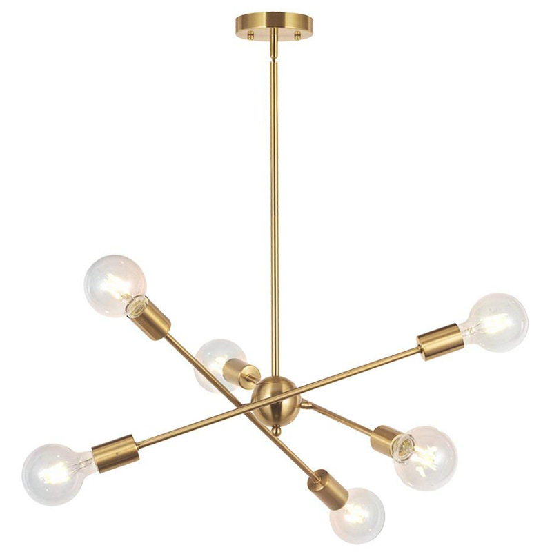 mid-century Sputnik lustre iluminação 6 luminárias Brushed Brass lustre ajustável Gold luminária de teto luminária