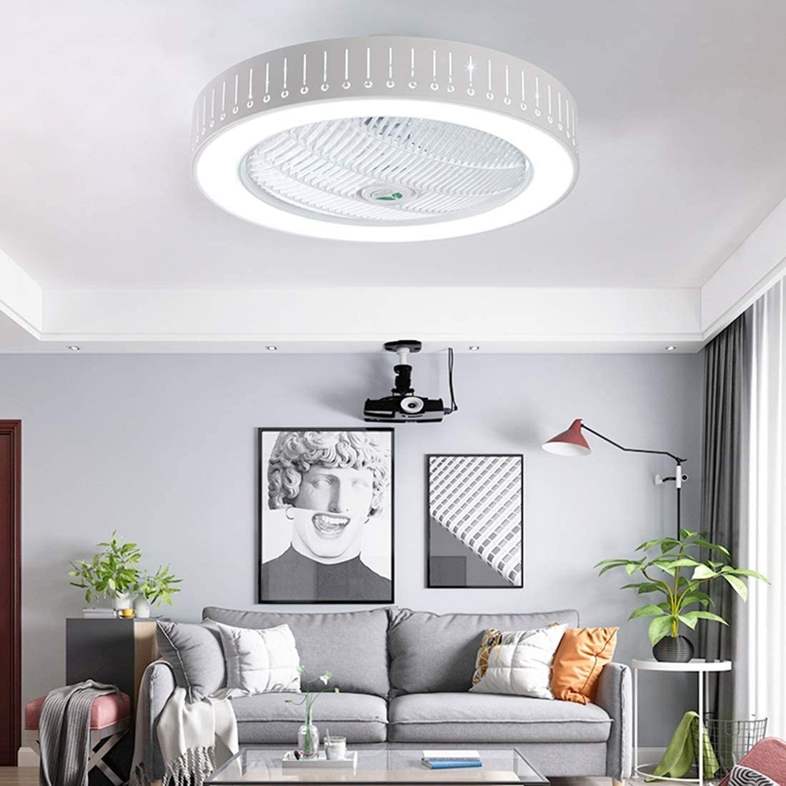 teto Fans com luminárias e controle remoto com 7 Acrylic Blades Invisible teto Fans para sala de estar