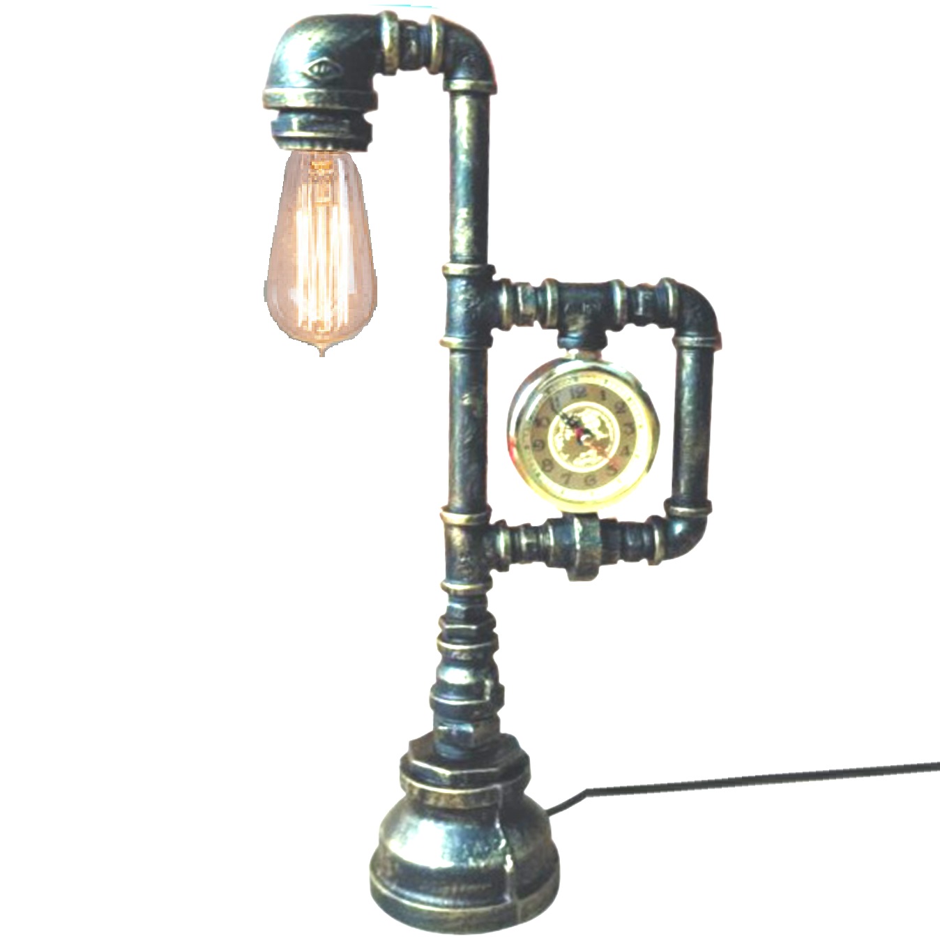 retrô industrial Water Pipe Polished Brass acabamento Desk lâmpada com Sturdy Base e grande Lightbulb Cone