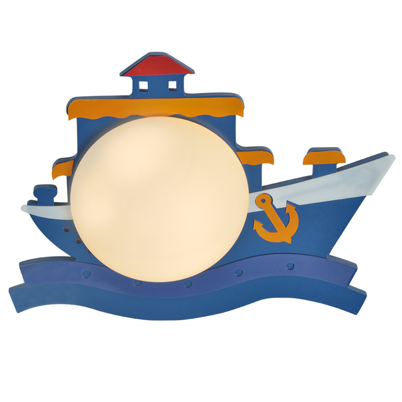 Kid Room Bedside Wall luminária Sconce Wood LED Cartoon Wall Mount lâmpada com Semicircle Opal Glass Shade in Pink/Blue
