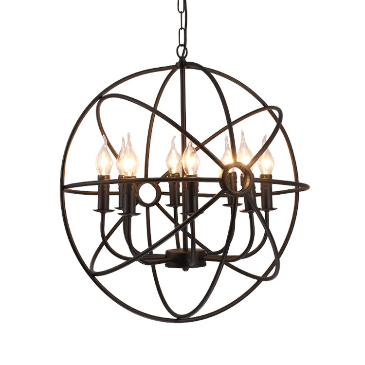 Modern Industrial Chandelier 6 Light Hanging Fixture Round Ball Cage Pendant Light