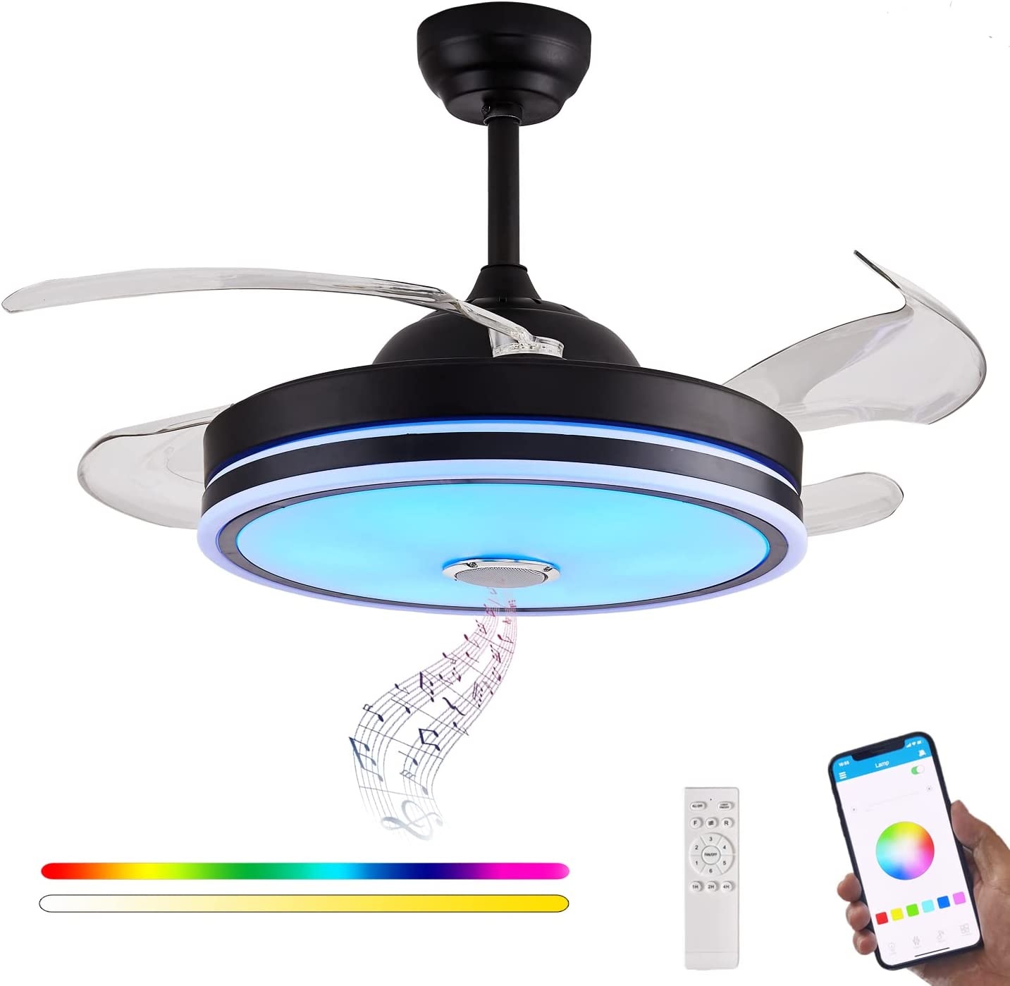 teto Fan com luminária Fandelier, Retractable teto Fan luminária e Music alto-falante RGB cor Changing com Remote Controller