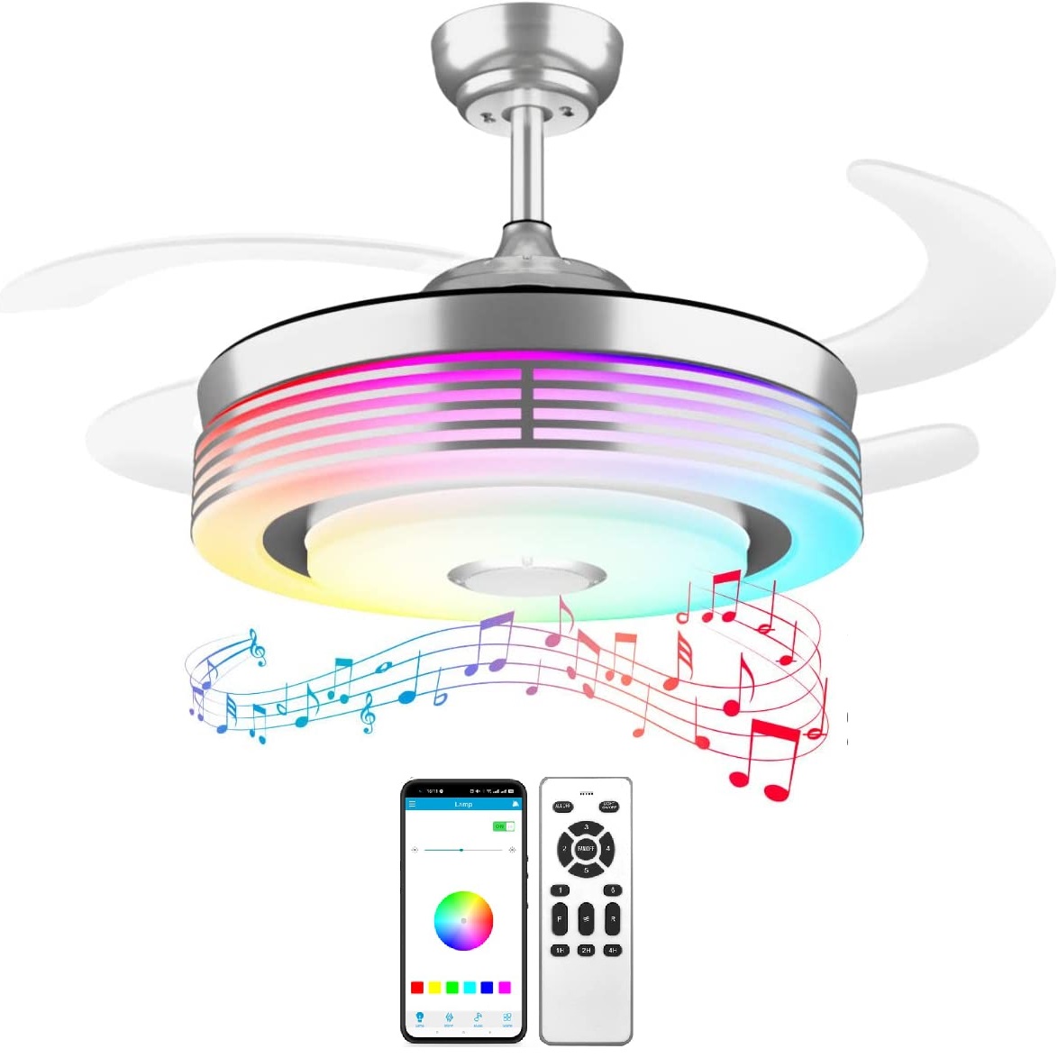 moderno lustre teto Fan luminária RGB cor dimerizável Retractable teto Fan com controle por app alto-falante Music Invisible