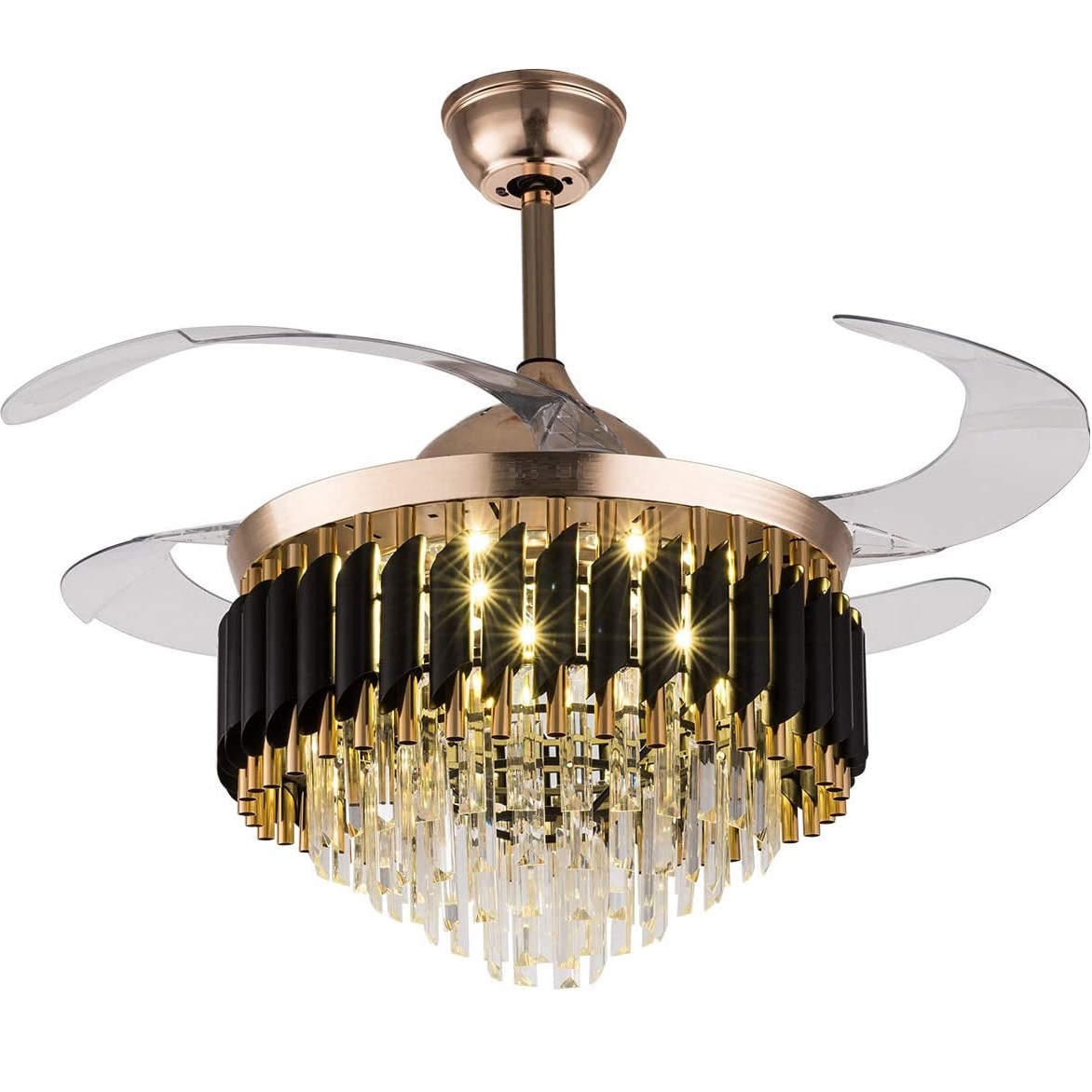 cristal teto Fan lustre interno Hiding 42 Inch Polished Gold Retractable teto Fan luminária