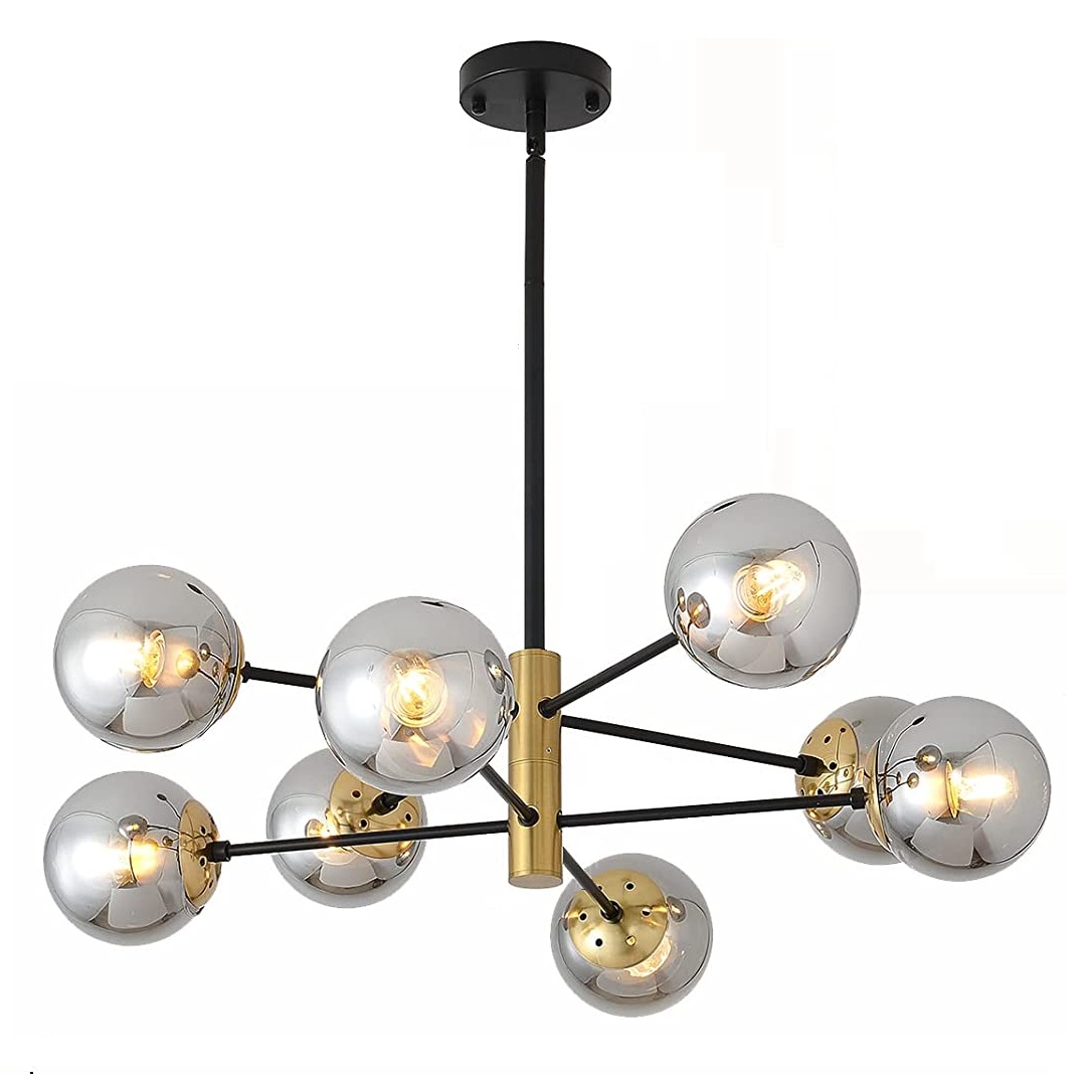 8-luminária Glass lustre com Smoke Gray Lampshade mid-century pendente vintage luminária de teto luminária