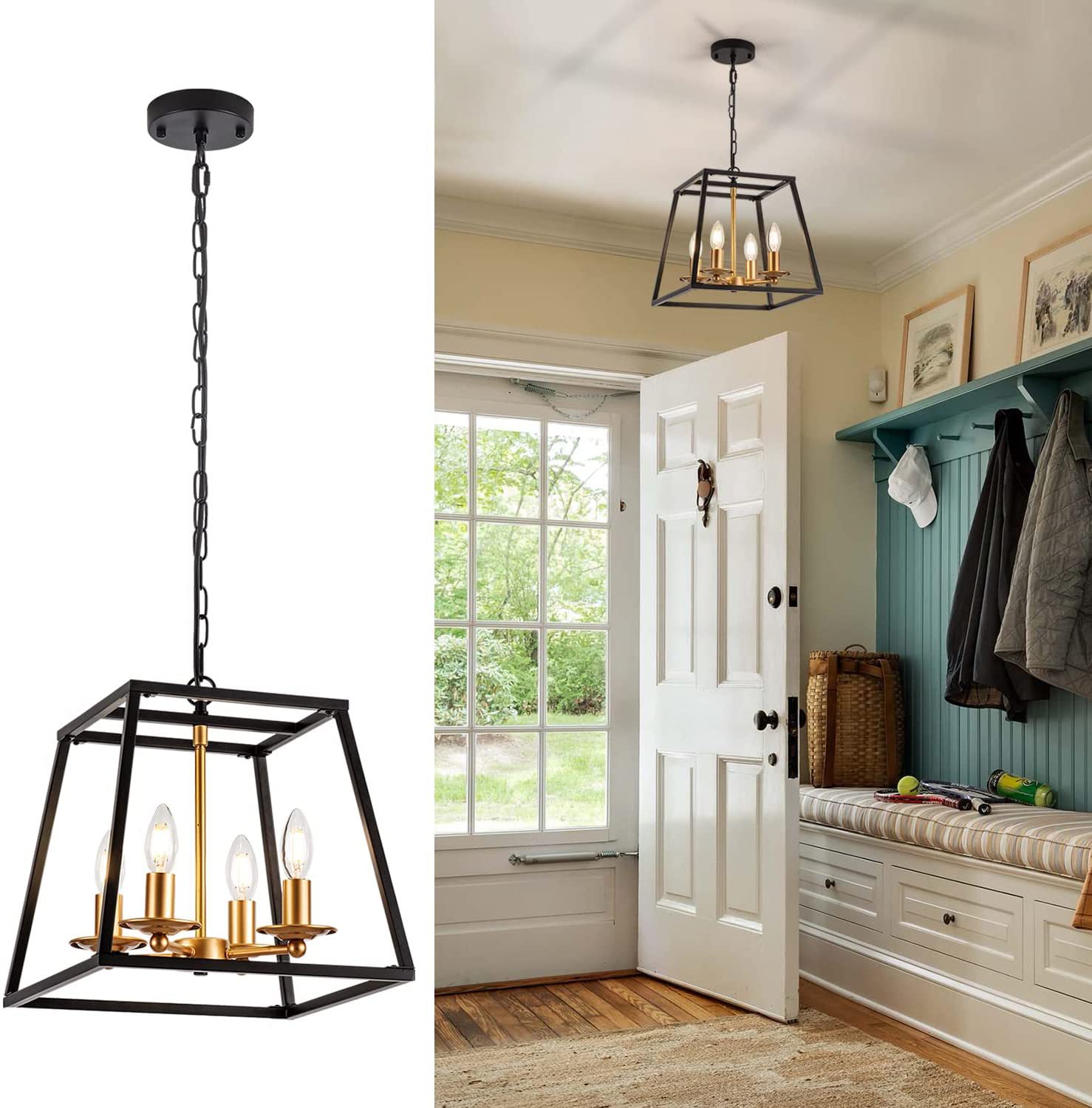 Age Brass cozinha Island lustre com a Steel preto e Gold acabamento Rectangular pendente luminária