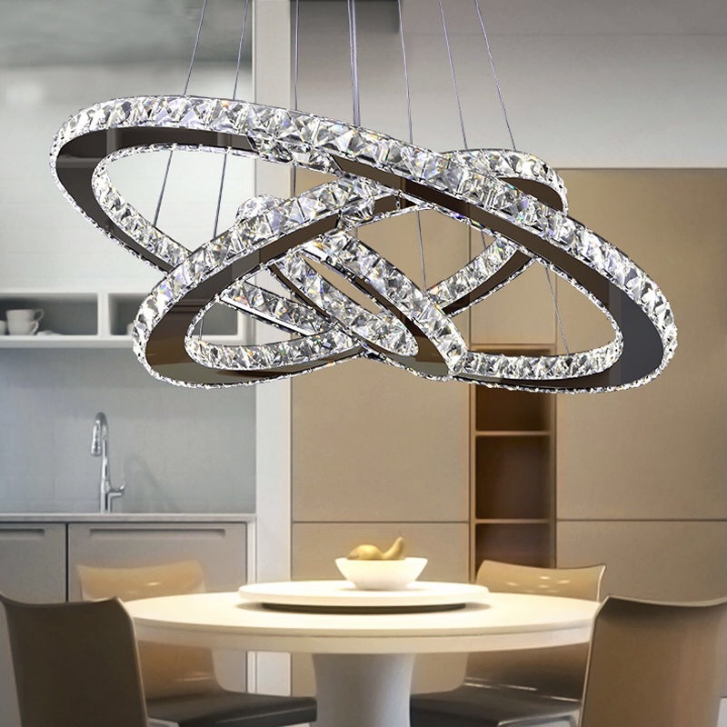 Luxury K9 cristal 3 Rings Circle LED Stainless Steel Frame pendente lustre