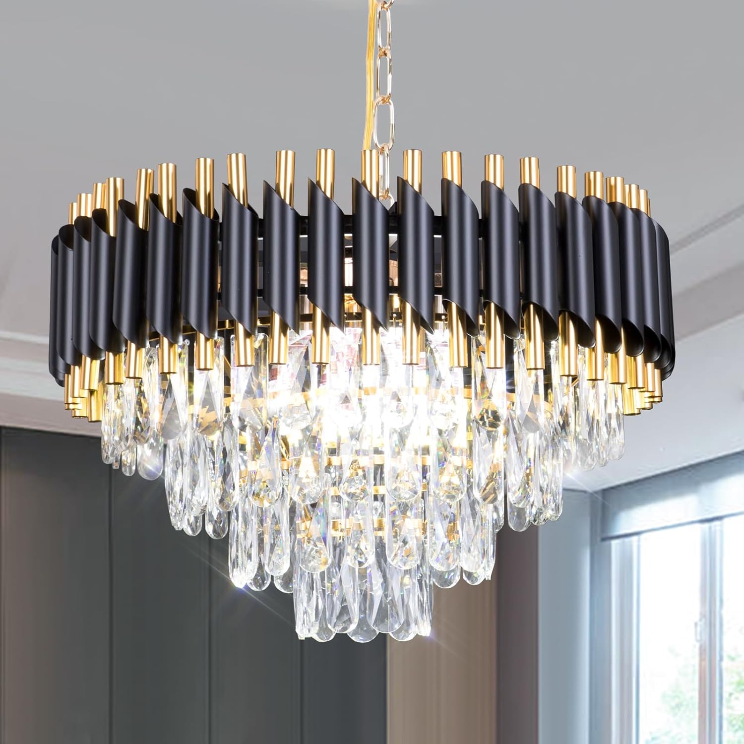 personalizado nórdico Luxury hotel Stairs Wedding Decor preto Gold cristal grande pendentes High teto Luxury Chandeliers