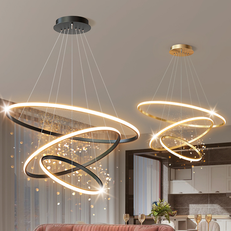 Home Decorative Modern Bedroom Living Room Hotel Circle Hanging 3 Ring Acrylic Gold Luxury Round Led Chandelier
