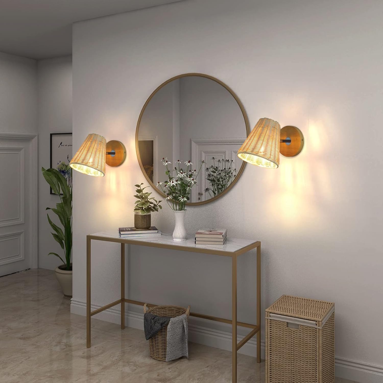 Bamboo Lantern Wall Sconces Wicker Cord Hand Woven luminária estilo fazenda rústico sala de estar quarto Sconces Wall iluminação lâmpada