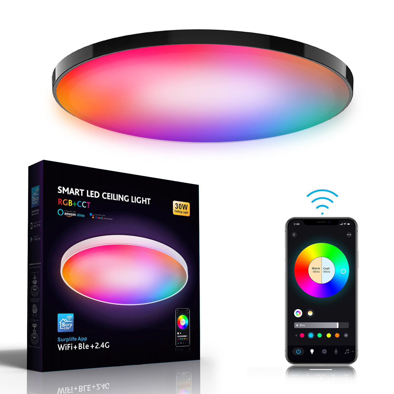 Modern Round White Bedroom Kids Room Party Festival RGB Led Ceiling Light Remote Control Dimmable Color Changing Light Fixture