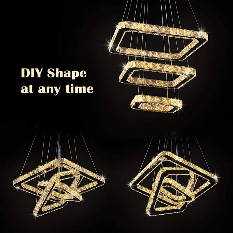 moderno cristal LED quadrado dimerizável 3-Rings lustre pendentes Height Shape ajustável quarto sala de estar lâmpada de teto