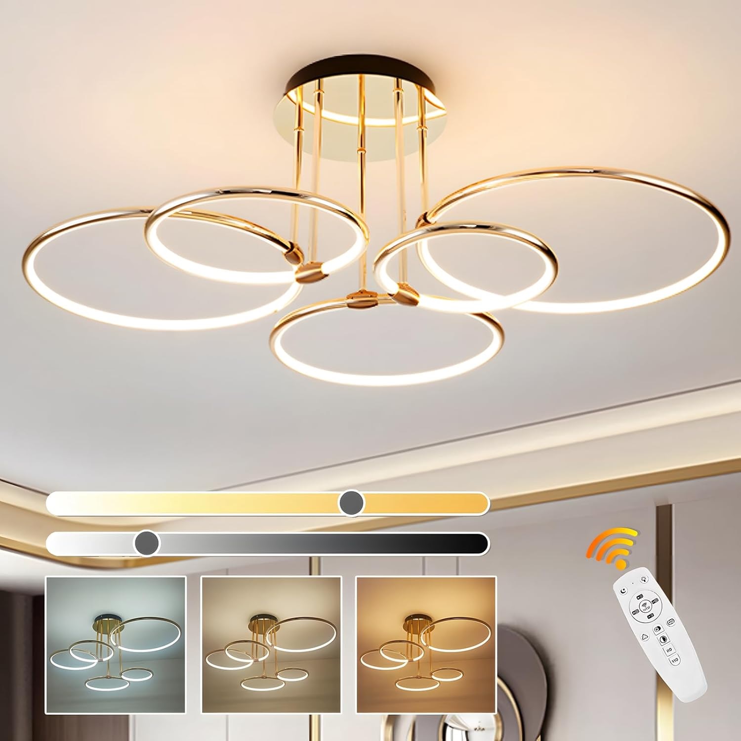 5 Rings Round Golden Led Ceiling Light Chandelier 63cm