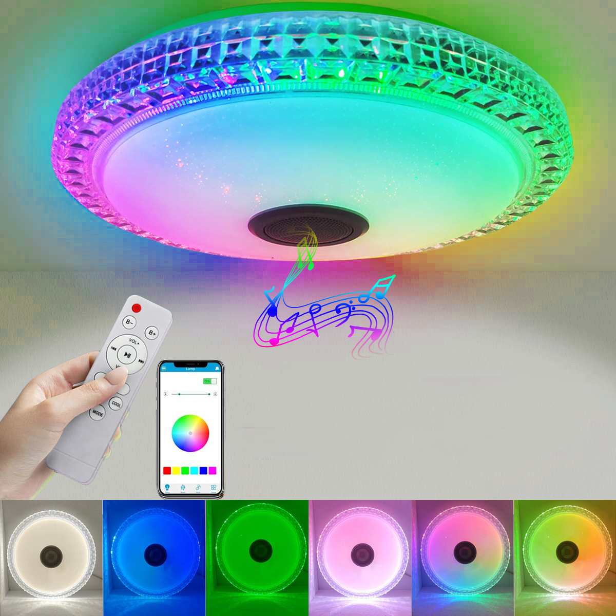 Colorful Smart RGB Music Ceiling Light Lamp, Smart APP Remote Control, White Metal and Acrylic, 30cm, Fast Shipping