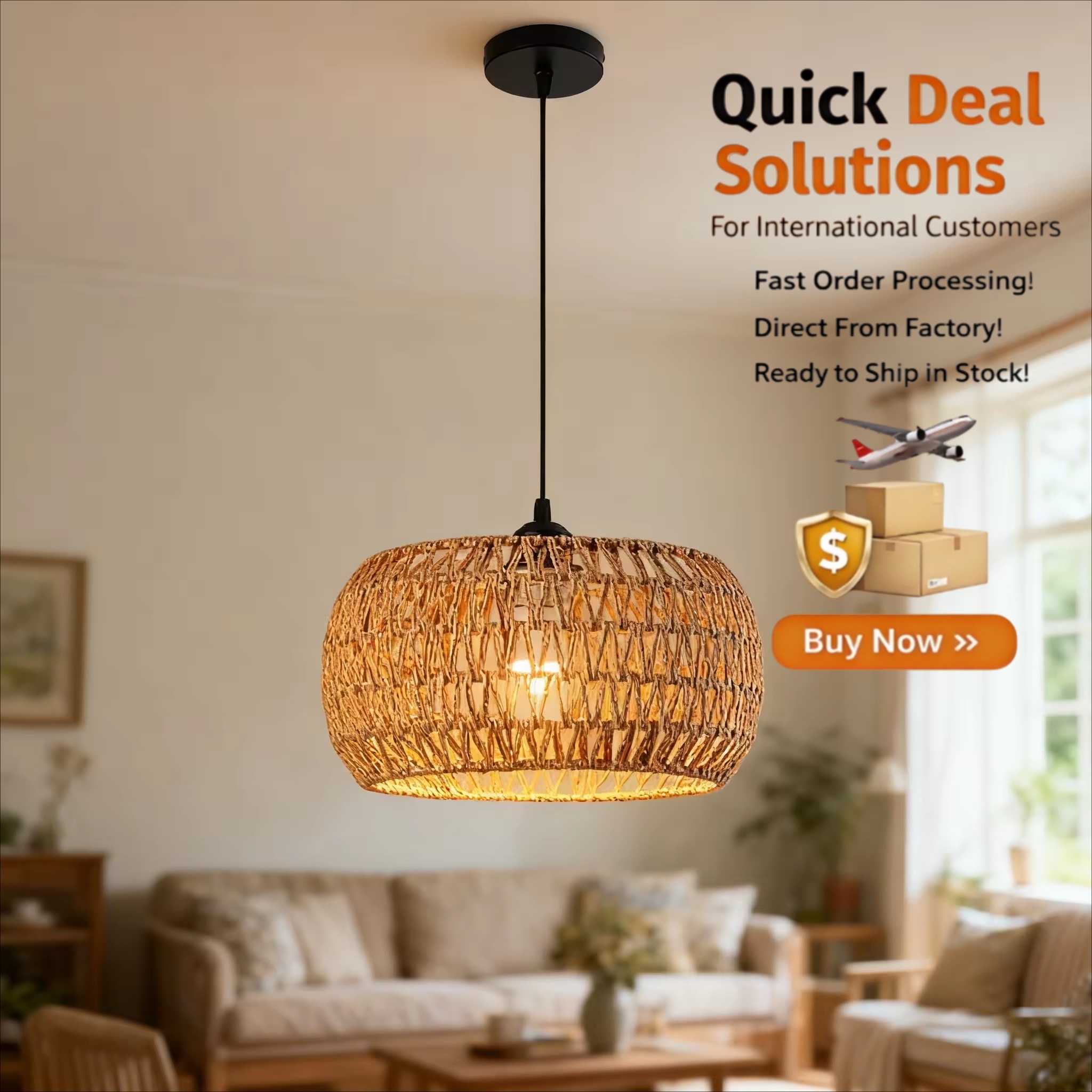 estilo fazenda Woven Rattan Hanging lâmpada, vintage moderno Paper Rope lustre com Plug in tomada