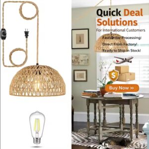 American Retro Style E27 Pendant Light, Pastoral Paper Rope Woven Hemp With Remote Control