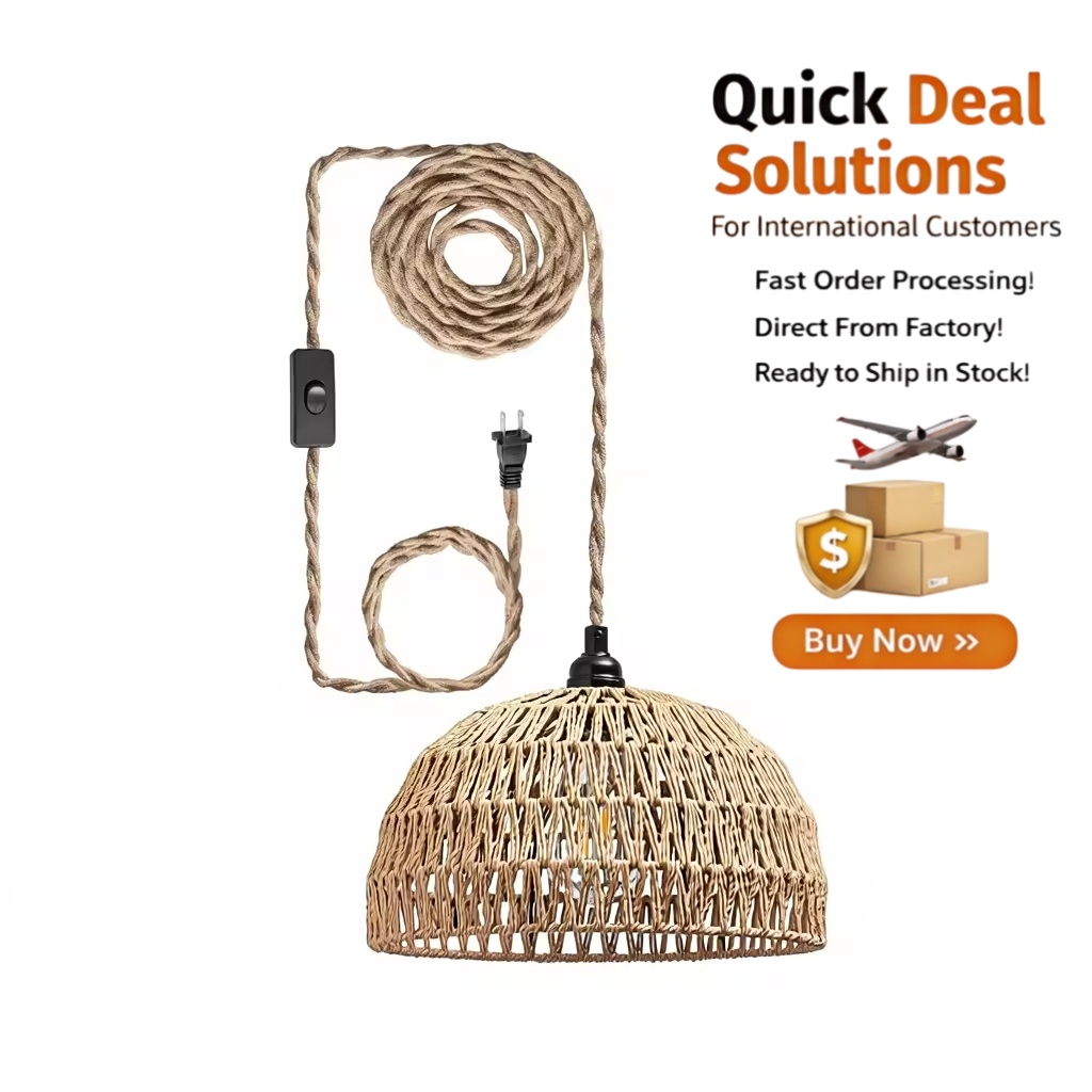 American tecido à mão Paper Rope LED lâmpada com Button Switch, ferro Hemp Rope lustre