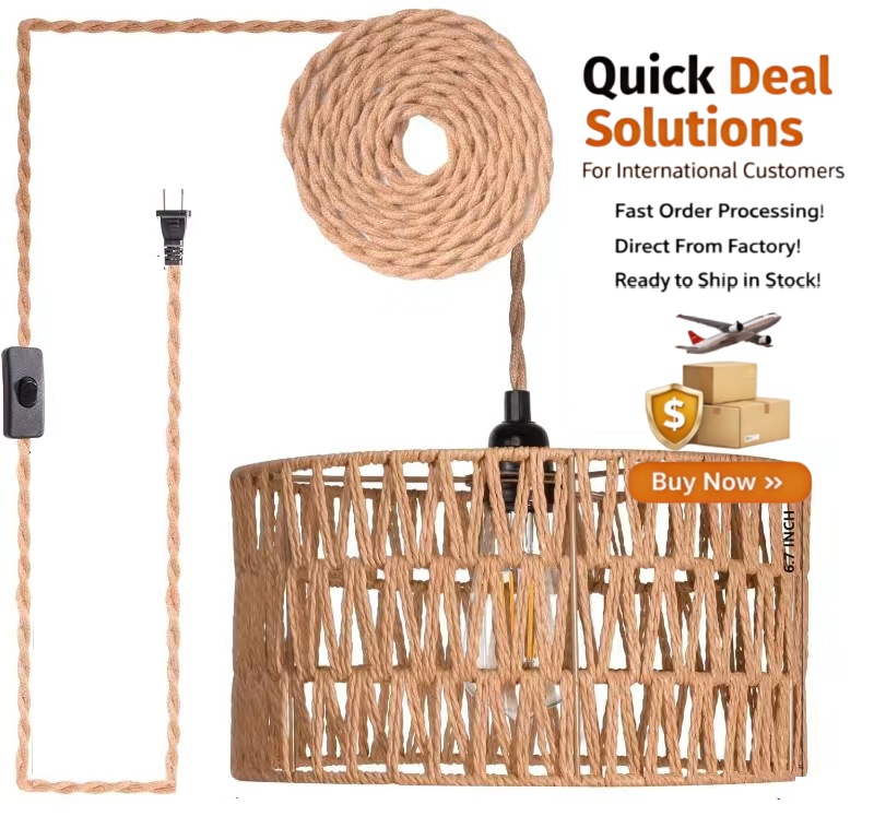 moderno Plug in pendente com Hemp Rope Switch, Bamboo Rattan lustre para quarto
