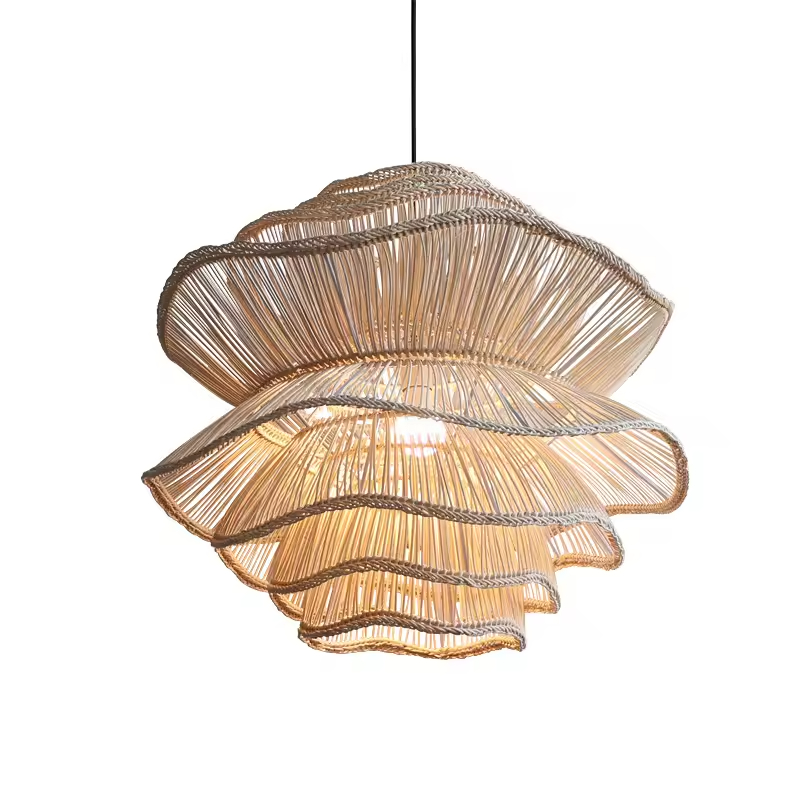 Eco-Friendly Wicker Hanging lâmpada Handmade Boho Natural Rattan Bamboo pendente para restaurante Cafe