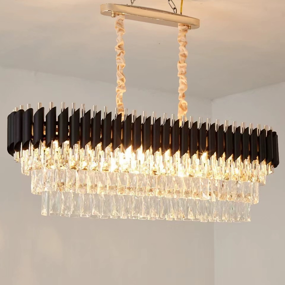 moderno cristal Chandeliers 350mmX800mm preto lustre Retangular cristal pendente 3-Tier moderno lustre luminárias de teto