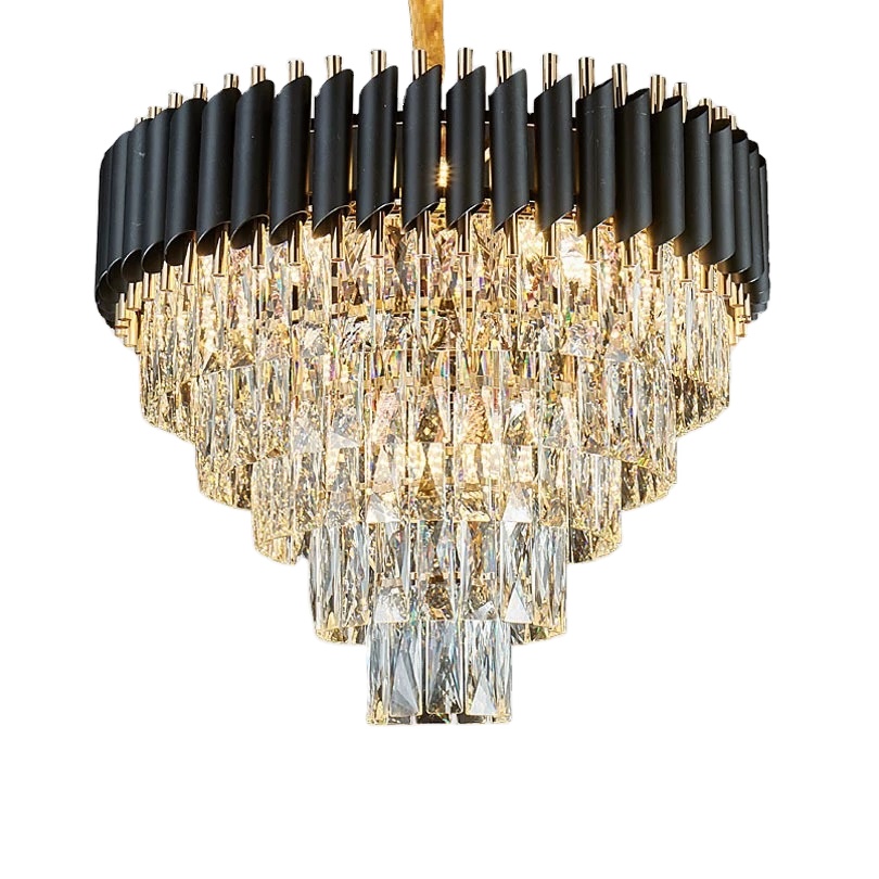 Post moderno Minimalist Designer Model Room iluminação Villa preto e Gold 60cm 5 Tier grande cristal lustre