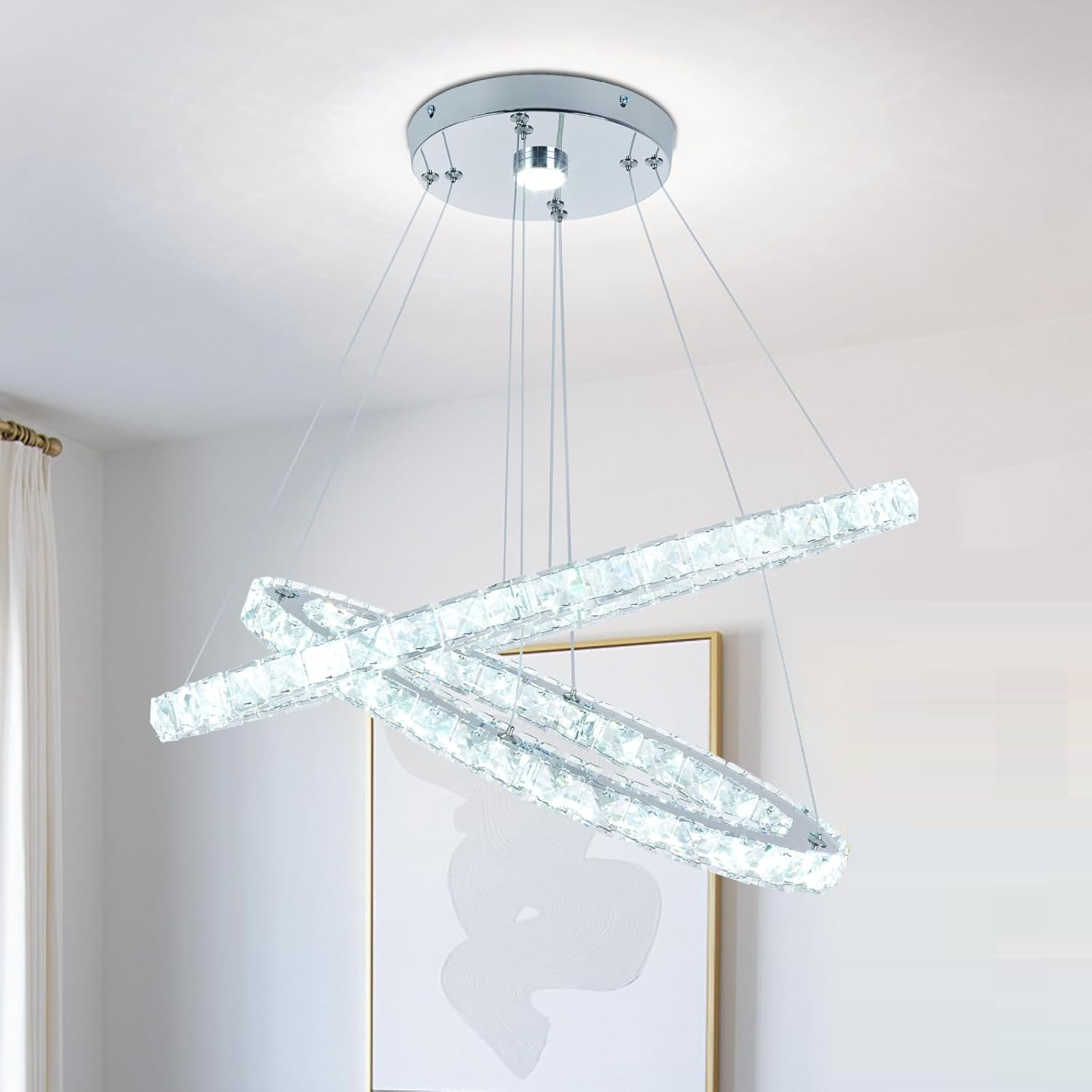 23.6'' Crystal Chandelier, 2-Ring LED Pendant Island Light, 6400K Cool White Non-Dimmable Modern Ceiling Lighting