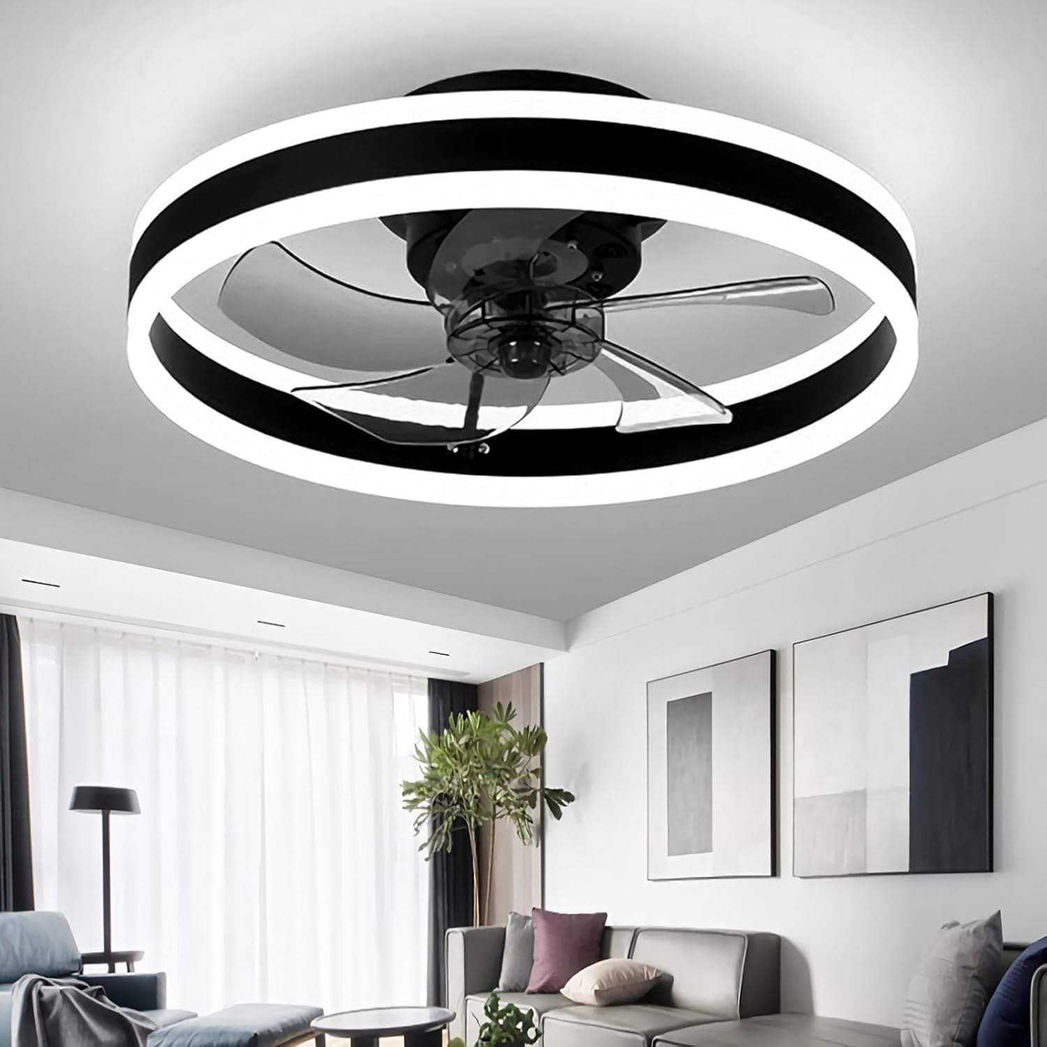 moderno Minimalist Metal teto Fan com LED luminária inteligente APP Control Ultra-Quiet Reversible embutir 5 Blades para quarto