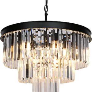 Simple Modern Adjustable Height Luxury Crystal Black Chandelier Light for Dining Hall Living Room Entryway Kitchen Island