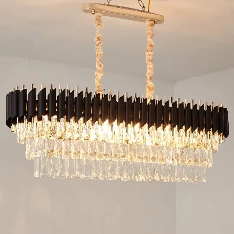 Modern Crystal Chandeliers 350mmX800mm Black Chandelier Retangular Crystal Pendant Light 2-Tier Modern Chandelier Ceiling Lights