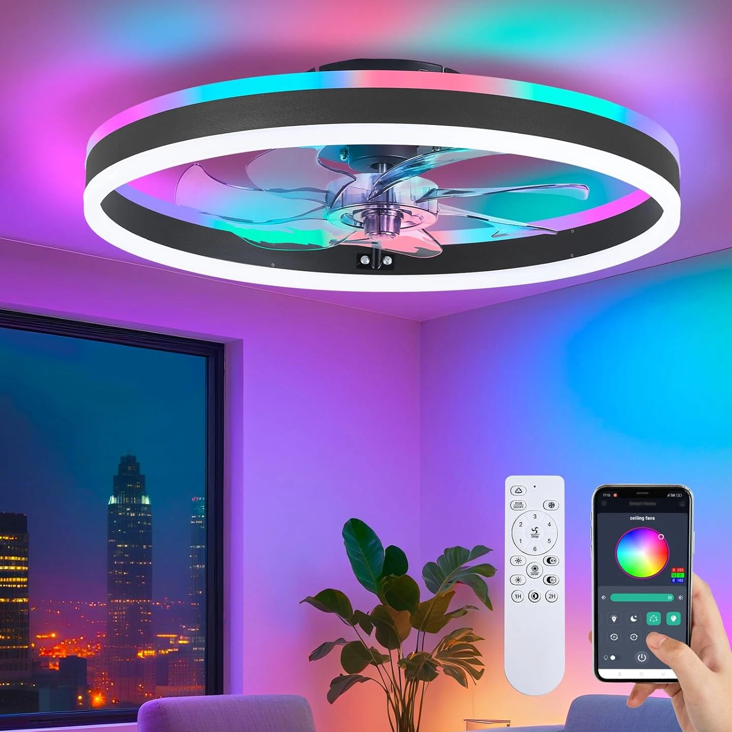 moderno RGB teto Fan com luminária, 20'' Bladeless embutir, controle remoto