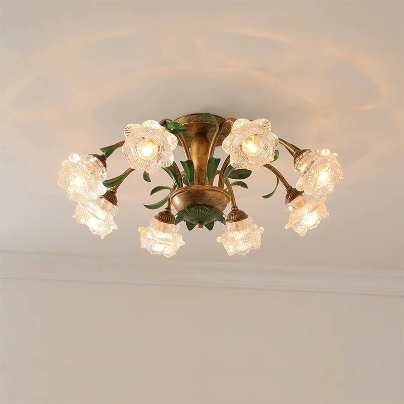 French vintage Glass Flower luminária de teto Cottagecore embutir lustre