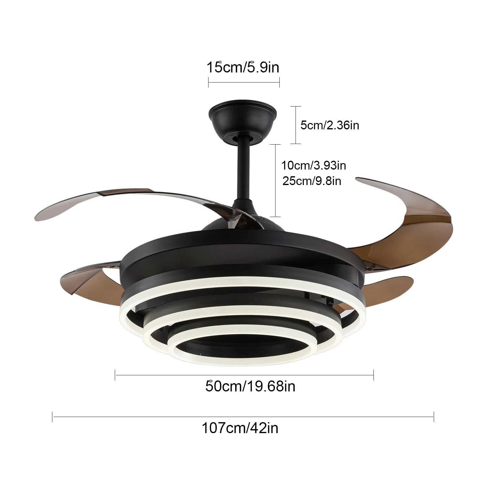 42 Inch Retractable Modern LED Ceiling Fan Light  black color Semi Flush Chandelier  Led 3 Color 3 Speed
