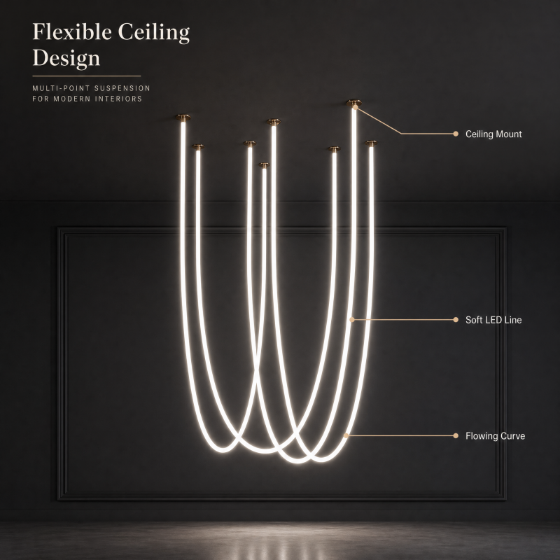 Long flexível Silicone LED pendente 3.5m 4.5m linear Hanging lâmpada lustre com Hooks para grande Space Decoration